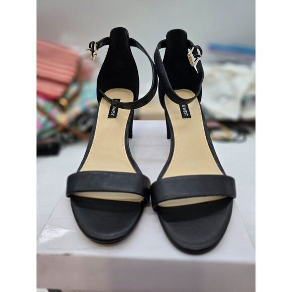 Nine West Black Faux Leather Open-Toe Ankle Strap Heels - Womens Size 8 - Picture 1 of 7